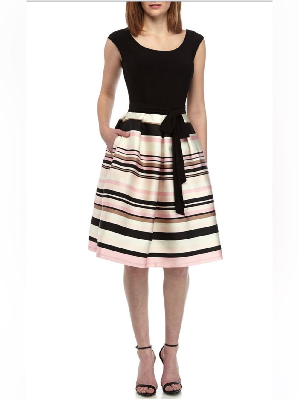 R&M Richards Black Bodice A-Line Skirt with Pink, Cream, White and Black Stripes